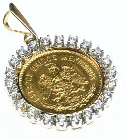 14K Diamond Coin Holder with Cinco Peso Gold Piece