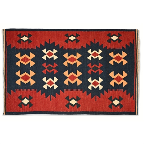 Handwoven Reversible Geometric Kilim Rug – Red, Navy & Cream