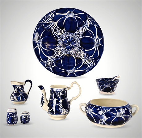 Talavera Blue & White Ceramic Tea Service, 7-Piece Hand-Painted Set, Mexico
