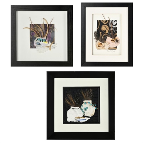 Mary McCoy Mixed Media Art Trio – Feathers, Turquoise & Handmade Paper