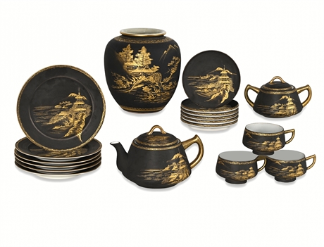 Kutani Black & Gold Hand-Painted Tea Set — 18 Pcs, Marked