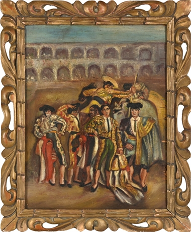 Vintage Matador Oil Painting on Wood Panel in Gilt Frame