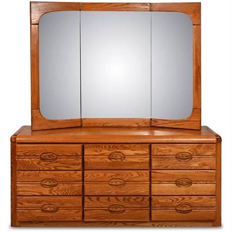 Oak 9 Drawer Dresser with Tri-Fold Mirror