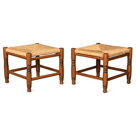 Vintage French Provincial Oak Stools – Rush Seats, Pair