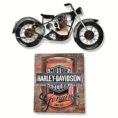 Harley Wall Art Set — Ande Rooney Tin Sign & Metal Motorcycle