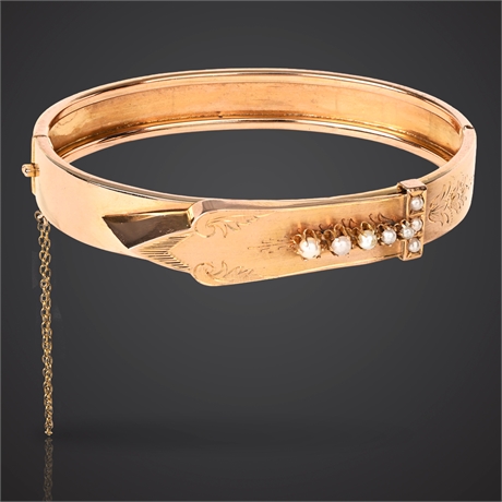 10K Yellow Gold & Pearl Hinged Bangle Bracelet – Vintage, Safety Chain