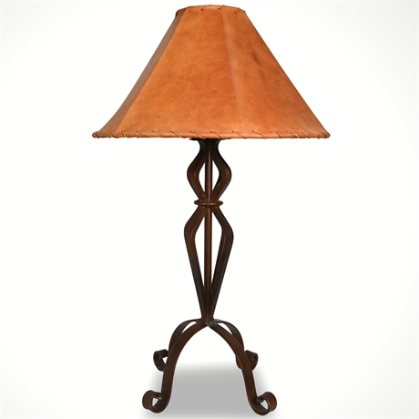 30" Handcrafted Wrought Iron Table Lamp with Leather Shade