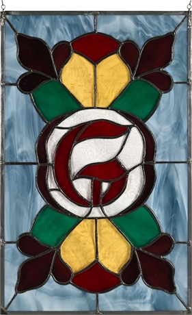 Victorian-Style Stained Glass Hanging Panel – Red, Green & Amber Floral Motif