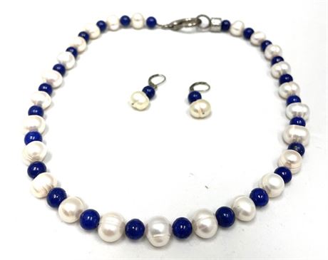 Pearl with Blue Stone Necklace and Earring Set
