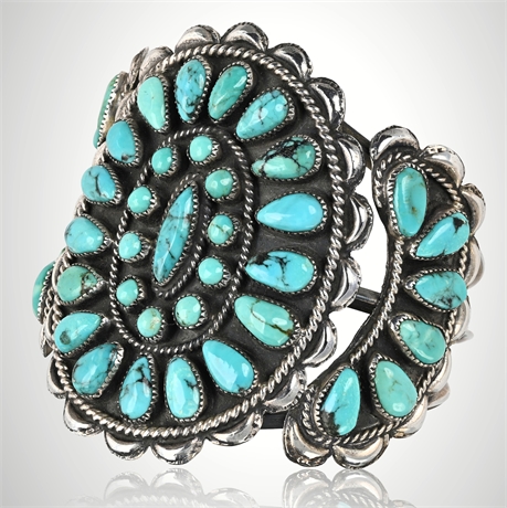 Exceptional 1960s Navajo BTC Sterling Silver & Kingman Turquoise Cluster Cuff