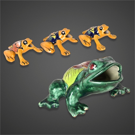 Mexican Talavera Frog Collection, 5 Handpainted Pottery Figures