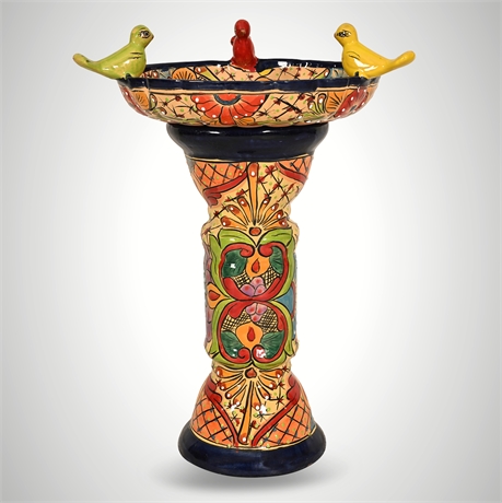 Talavera Ceramic Birdbath Mexico — Pedestal, 3 Bird Figures, Hand-Painted