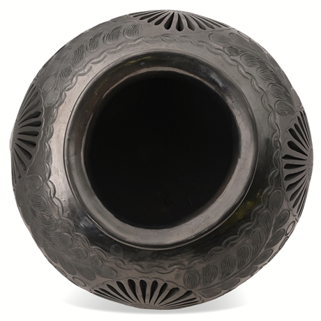 Large Hand-Coiled Oaxacan Blackware Pottery Jar — Pierced Floral Design
