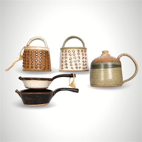 Clay Lick Creek Pottery Stoneware Group — Berry Bowls, Graters & Corked Cruet