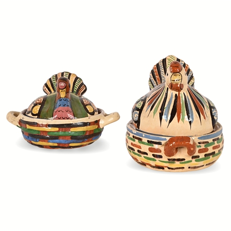 Pair of Tlaquepaque Mexican Pottery Hen Casserole Dishes— Folk Art Charm