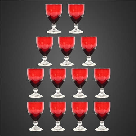 Set of 13 Anchor Hocking Ruby Red “Bubble Foot” Water Goblets
