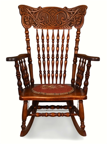 Victorian Eastlake Oak Rocking Chair – Carved Crest, Needlepoint Seat