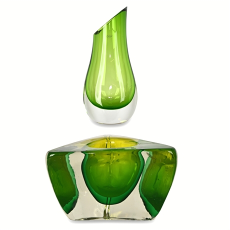 Tarnow Poland Green Art Glass Vase & Heavy Votive Candle Holder