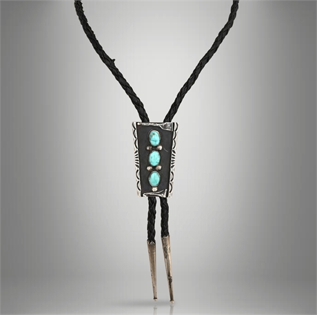 Vintage Navajo Sterling Silver & Triple Turquoise Bolo Tie