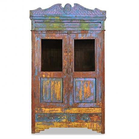 Indo-Colonial Teak Armoire — Carved Pediment, Cast Iron, Glass Doors, Maker Mark