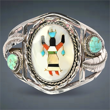 Zuni Inlaid Kachina Sterling Silver Bracelet with Turquoise Accents