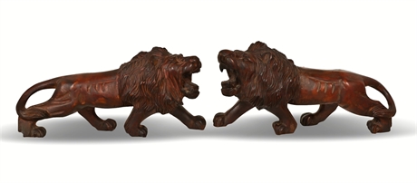 Pair Chinese Boxwood Carved Lion Sculptures