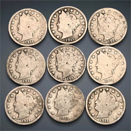 (9) 1911 Liberty Head V Nickels