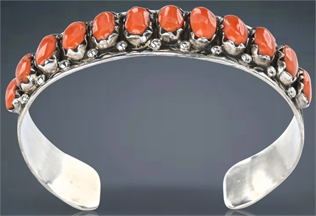 1960s Fred Weekoty Zuni Natural Red Coral & Sterling Cuff