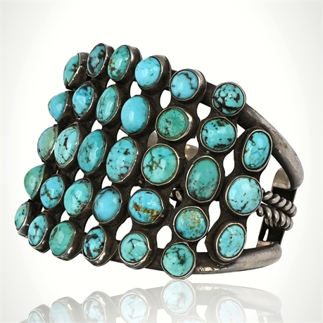Vintage Navajo Sterling Silver Cluster Cuff Bracelet with Kingman Turquoise