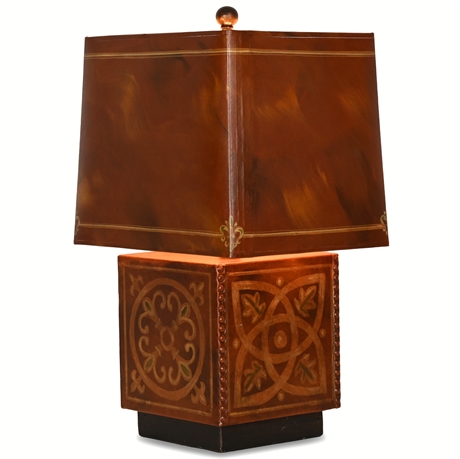 Hand-Painted Leather Lamp, 20" Tall