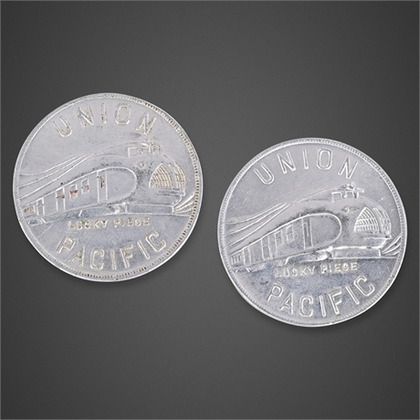 Union Pacific “Lucky Piece” 1934 Aluminum Tokens — Pair, ALCOA / Pullman Promo