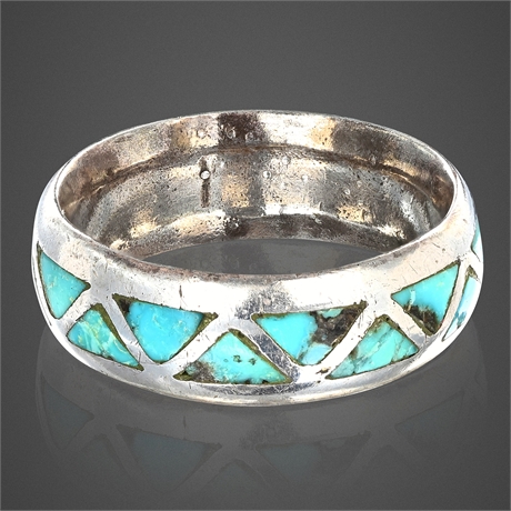 1970s Navajo Sterling Silver Turquoise Inlay Band Ring, Size 11