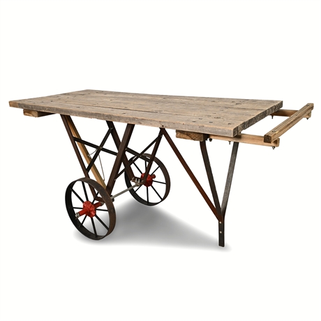 Industrial Wood & Iron Factory Cart Table — 67" Top, 15.5" Wheels