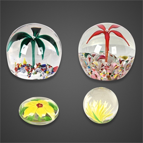 Art Glass Paperweights — Palm Trees & Yellow Florals