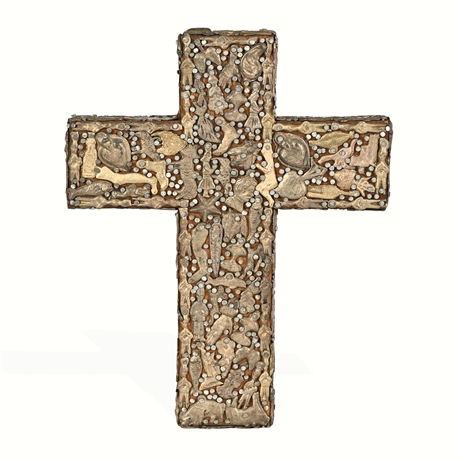 Milagros Cross with 150+ Pressed Tin Ex-Votos, Mexican Folk Devotional