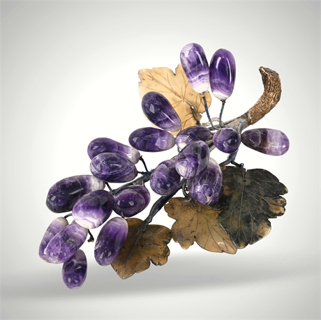Mid-Century Carved Amethyst Grapes with Metal Leaves — 8", 345g