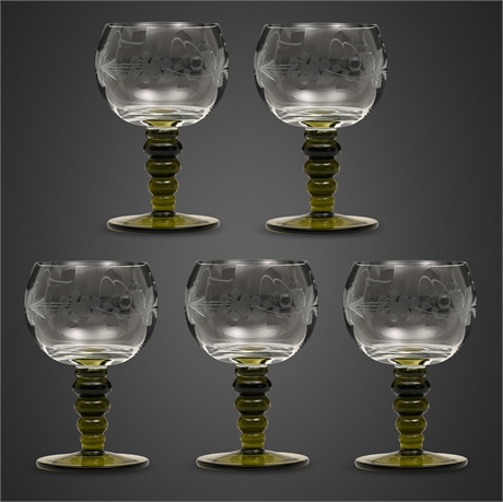 German Roemer Wine Goblets Grape Etched Green Stem Set of 5