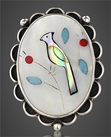 Zuni Sterling Silver Bird Inlay Ring Signed AB, Size 7.5
