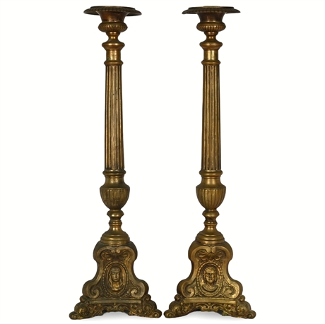 Pair of Antique Gilt Bronze Candlesticks, Ornate Neoclassical Design