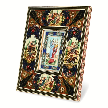 Persian Khatam-Framed Hand-Painted Miniature, Figural Scenes, Signed