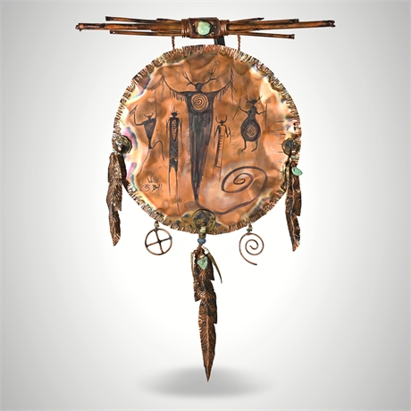 Wild Bill Worrell Copper & Turquoise Spirit Shield Sculpture, 39"