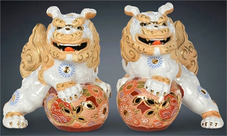 Japanese Kutani Foo Dog Porcelain Statues