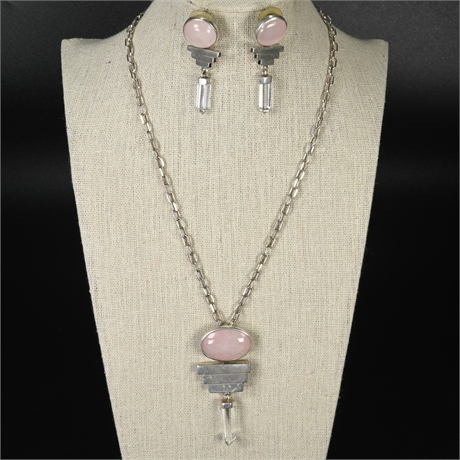 Vintage Taxco Modernist Sterling Silver & Rose Quartz Necklace Set