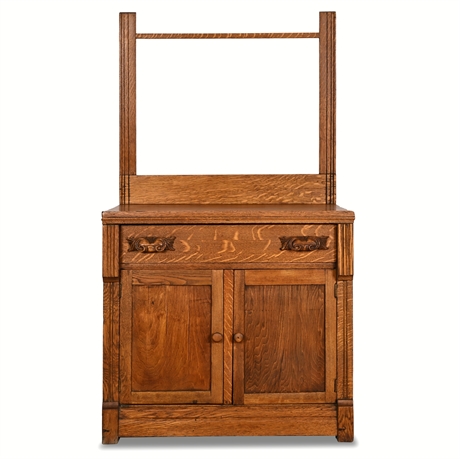 Early 20th C. Oak Washstand with Paneled Back & Towel Bar
