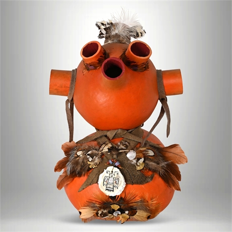 Native American Mudhead Gourd Figure – Signed D Wills, Feathers & Shell