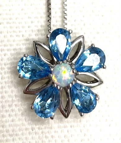 Sterling Silver Necklace with Blue Faceted Pendant