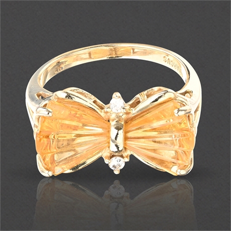 Marcus & Co. 14K Gold Carved Citrine & Diamond Butterfly Ring – Size 6.5