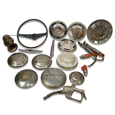 Vintage Automotive Parts Lot – Chevy, Ford, GMC, Buick Hubcaps, Hood Ornament...