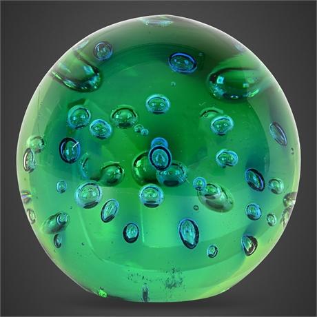 Blue-Green Bullicante Art Glass Sphere, Polished Bottom