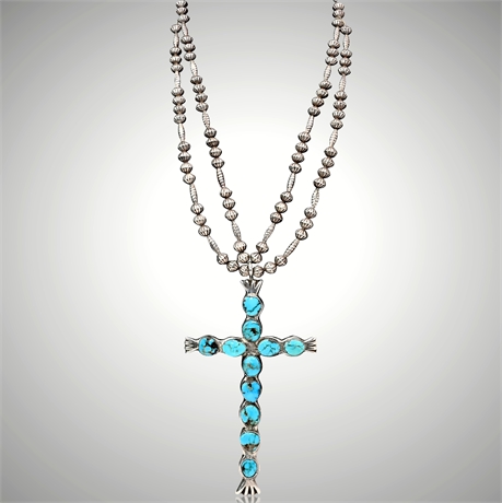 Exceptional Navajo Silver Sandcast Cross With (11) Kingman Turquoise Stones
